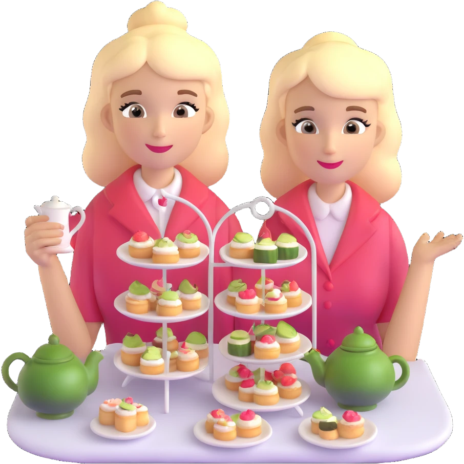 Sophisticated British young woman at afternoon tea party with teapot, cucumber sandwiches and petit fours emoji
