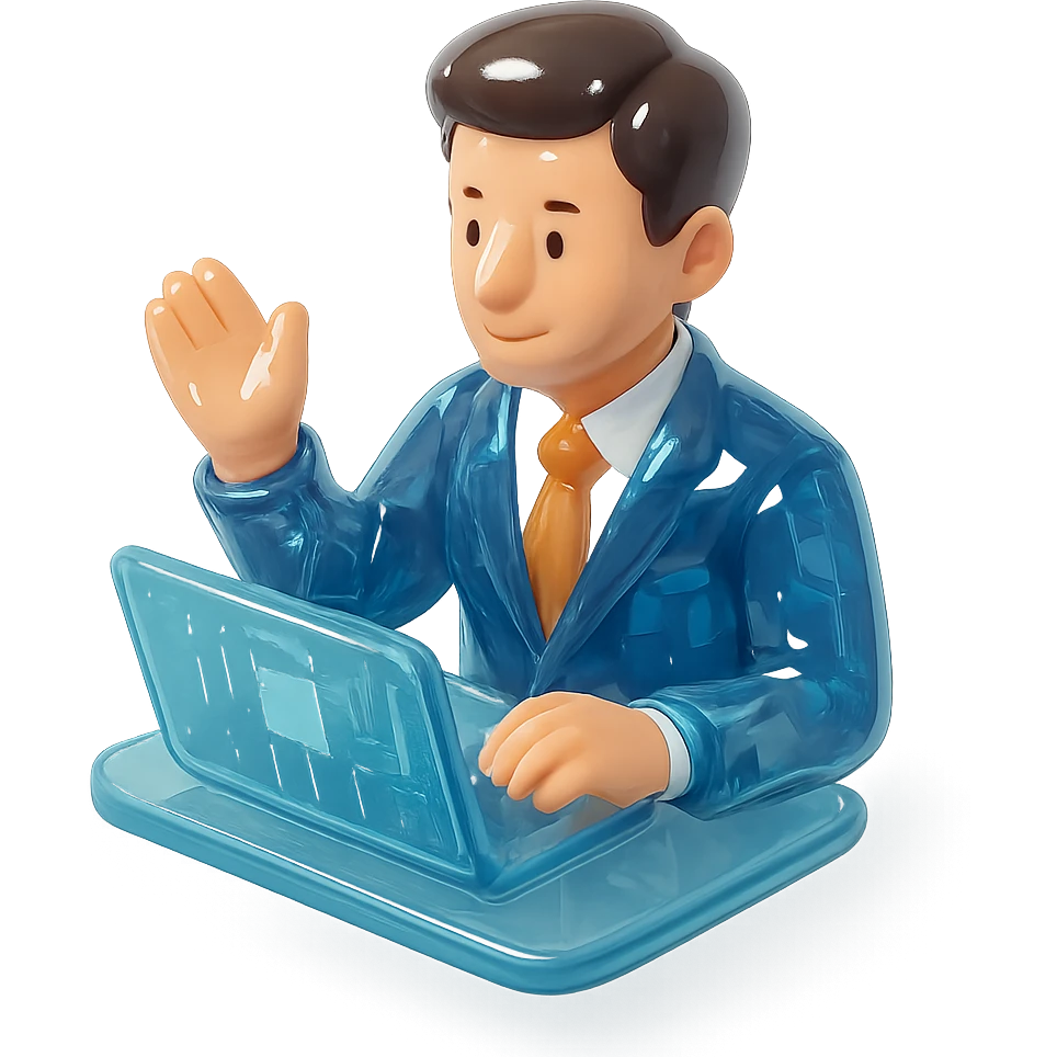 A 35-year-old male business coach sitting at a table with a laptop emoji