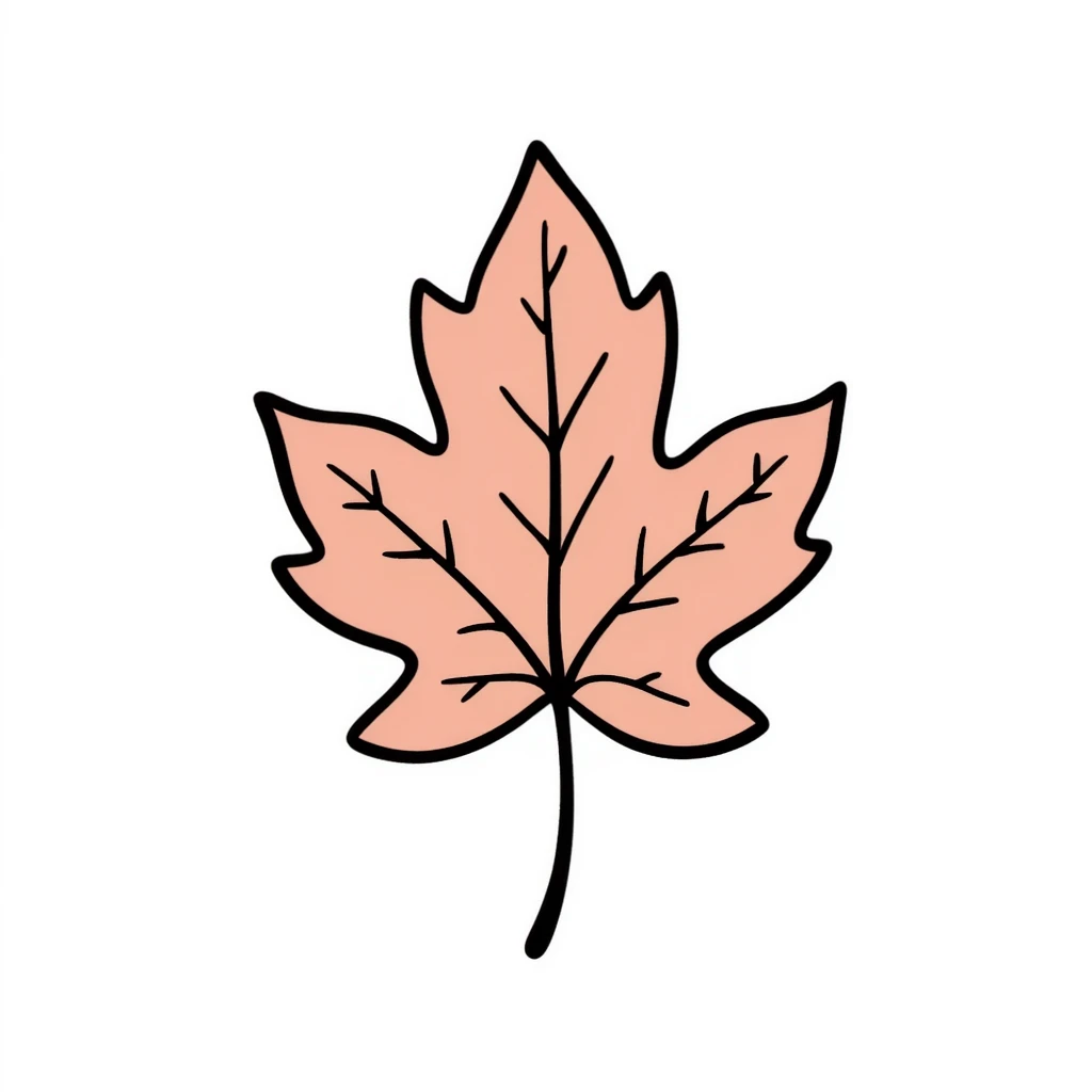 An autumn leaf with detailed veins in pastel colors (dd9fb0, ffc6d3, a3bfc9, c4bee2, f1b091), hand-drawn doodle style emoji