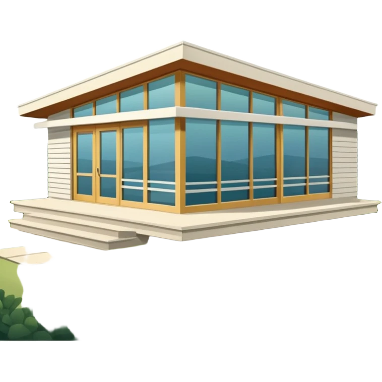 midcentury modern house with 1000 sqft and all windows and a sliding windows on corner. With overhanging shade and slats. emoji