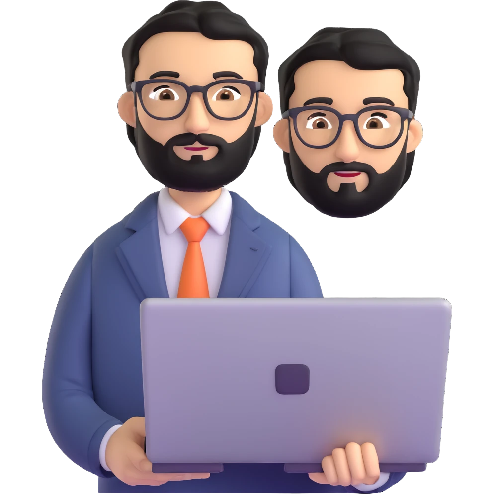 same professional man with medium black beard, neat black hair, connected unibrow, olive tan skin, brown eyes, glasses, prominent nose, in business casual attire, holding laptop under arm emoji