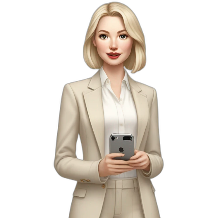 pale skin woman with ash blonde Straightened bob Hair, White Spacious classical jacket, beige palazzo Arrow pants and gray blouse holding white IPhone 15 pro in the hands emoji