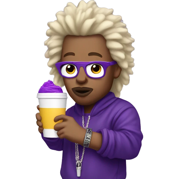 white rapper with blonde fluffy hair  sipping purple drink in white cup emoji