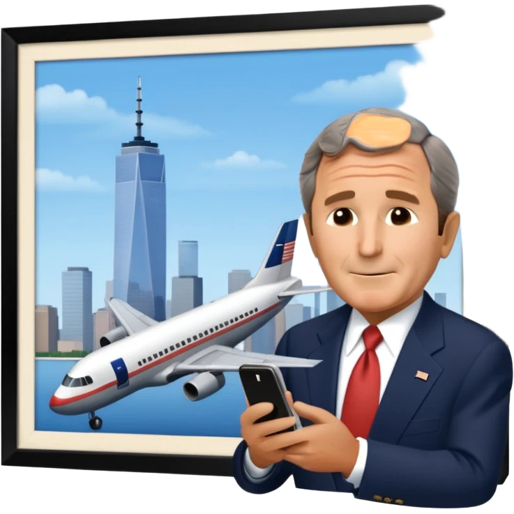  emoji of the world trade center with a plane crashed into it and george bush on a phone in front of them emoji