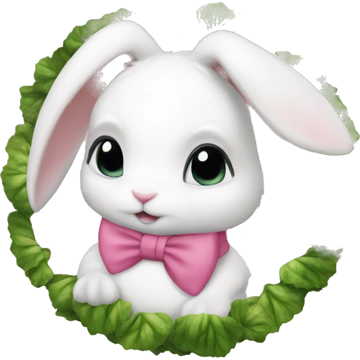 White bunny brown eyes with a pink bow and kale emoji
