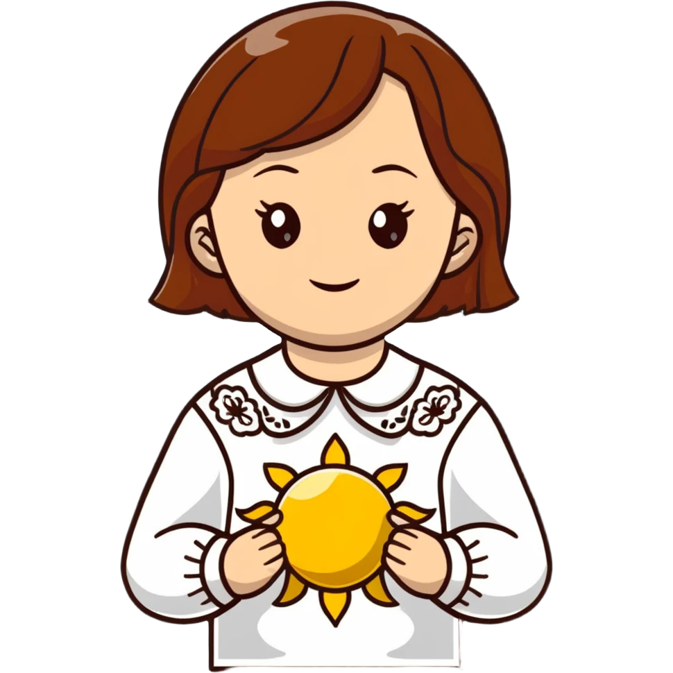 A young Ukrainian girl with brown hair wearing a traditional white embroidered shirt carefully holds a bright sun in her hands emoji