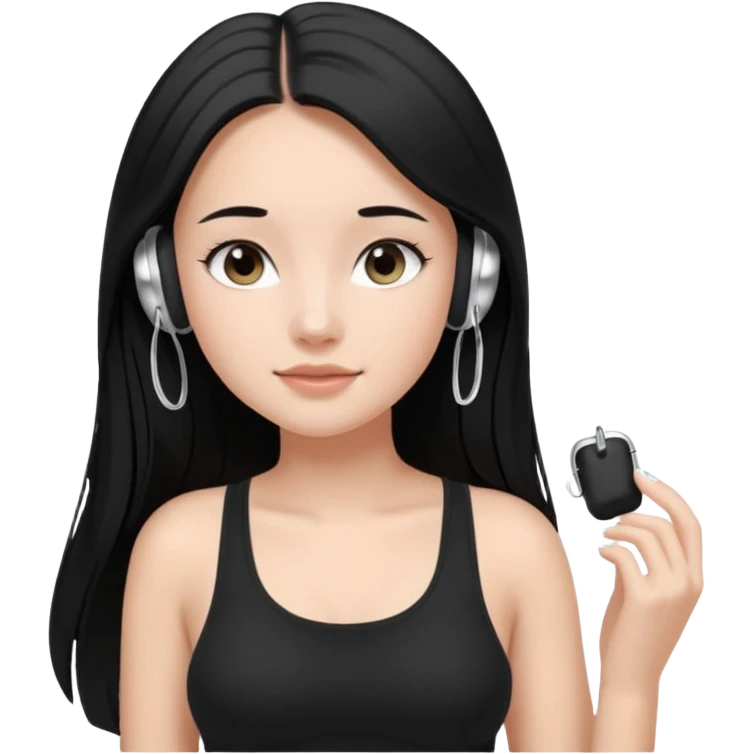 a fair girl with straight black long hair, wearing a black cami top. and wearing silver airpods max headphones on emoji