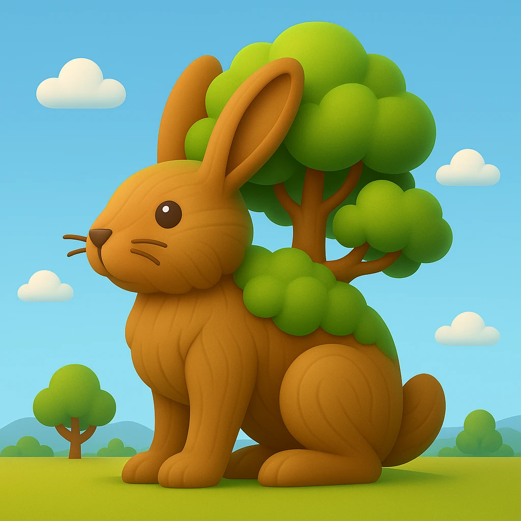 Recreate the tree in the shape of a giant rabbit as shown in the reference image, but in a 3D emoji style. The style should mimic Microsoft style 3D fluent emojis with smooth, rounded shapes and vibrant colors. emoji