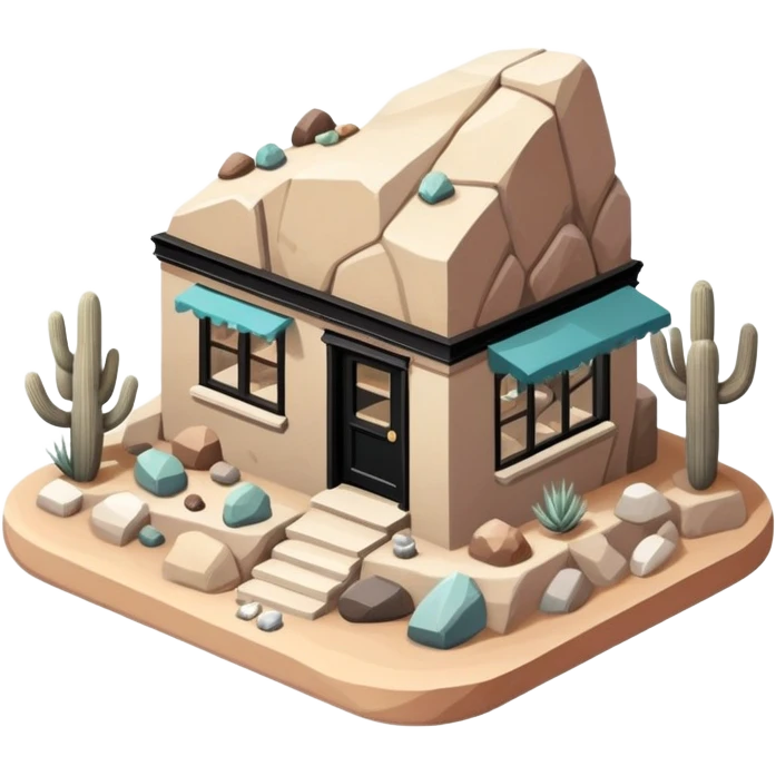 Isometric exterior little black, beige, and white southwestern desert rock and gem shop, dollhouse style 3D realistic  emoji