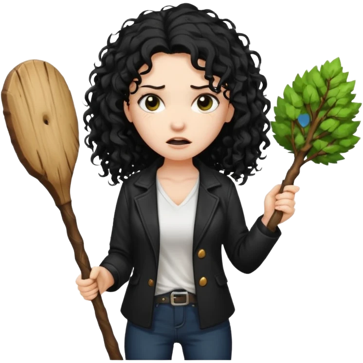 Hey, please generate me an emoji that depicts a woman white skin long black curly disheveled hair slightly thicker, she is wearing a white T-shirt and a black unbuttoned jacket she is furious she is holding a large wooden stick from a tree in her hands emoji