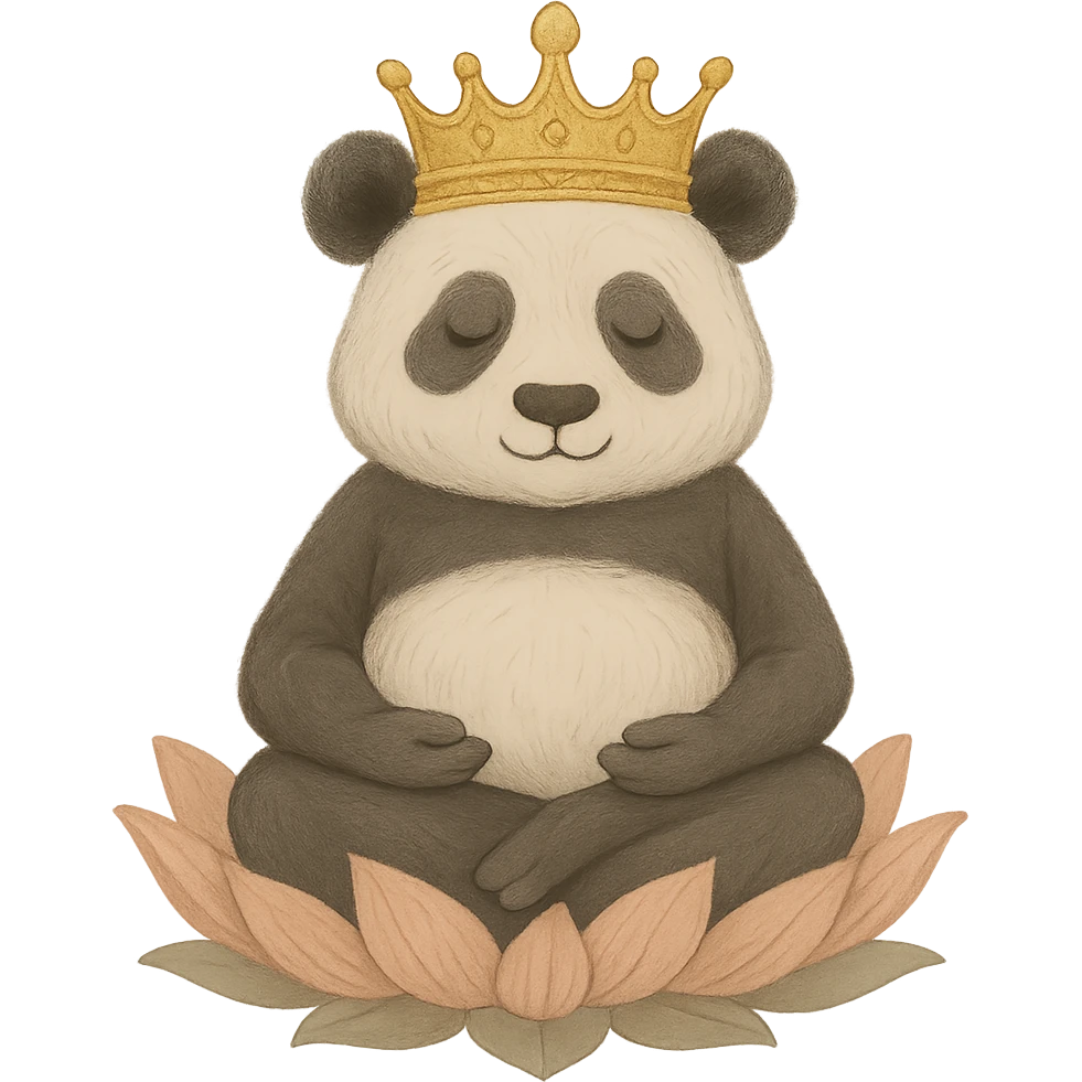 Add a crown to the panda sitting on the lotus, maintaining the serene and harmonious style. Remove the background to isolate the subject. Keep the serene and harmonious atmosphere of the original image. emoji