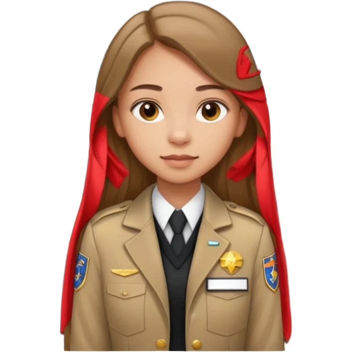 Young girl, long brown straight hair, wearing uniform jacket with hotel name badge, tasteful scarf, stand behind the desk

 emoji