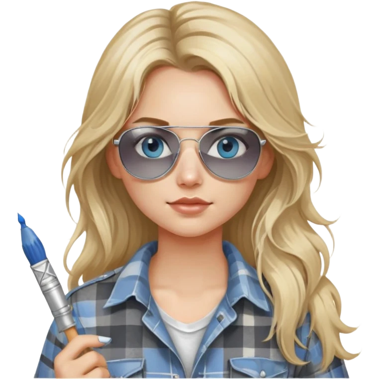girl with long blond messy hair, wearing grey plaid shirt with blue eyes and aviator sunglasses wearing a ring on her silver necklace, holding a paint brush roller with a small bit of white paint on her face emoji
