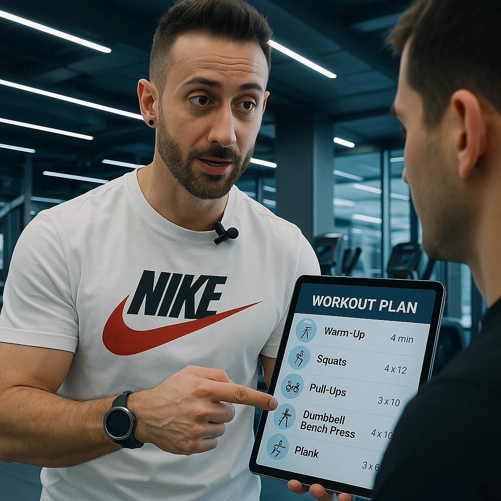 Personal trainer in a gym, inspired by the person in the reference photo, showing a digital workout plan to a client, in a technological and modern environment. emoji