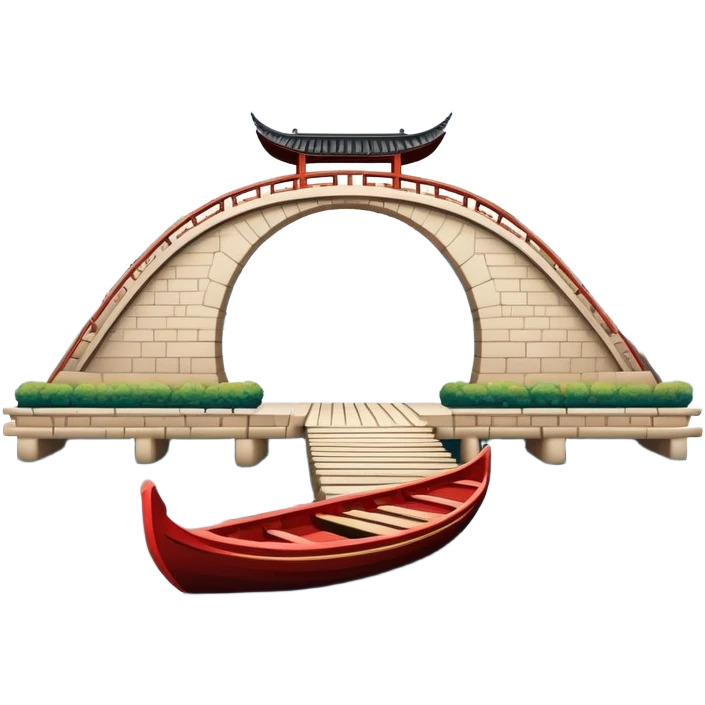 West Lake with Broken Bridge and small boat, Hangzhou, symmetrical composition, simplified emoji style with bold outlines, traditional Chinese arch bridge over water with a small wooden boat beneath emoji