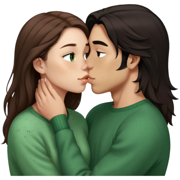Young guy with black slightly long hair kissing a young woman with brown hair and  green sweater and only the woman has very light freckles with the emoji made so there is no part that is cut off emoji
