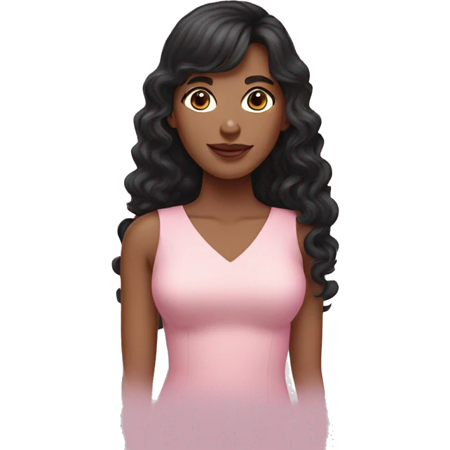White woman with long black curly hair and bangs and dark brown eyes, wearing a pastel pink dress emoji