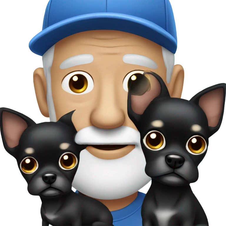 Old man with blue eyes goatee beard ball cap holding cute black long fur Chihuahua emoji