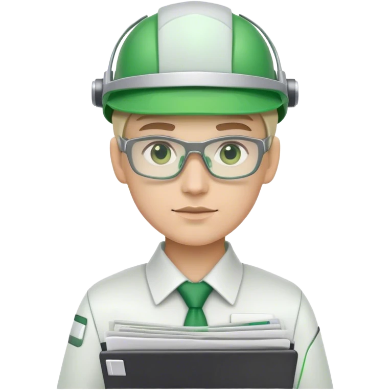 cyborg bookkeeper with green accountant visor holding spreadsheets emoji