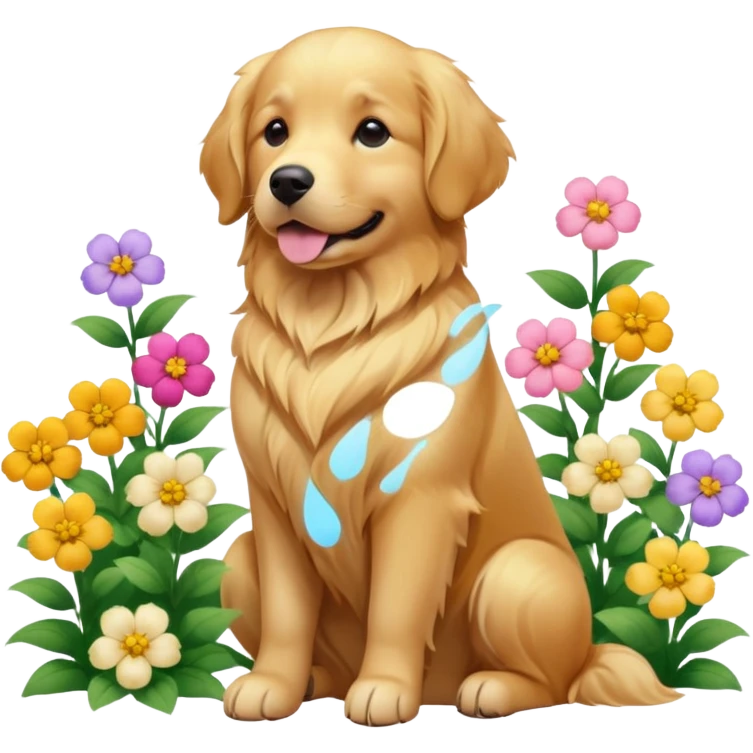A Golden Retriever sitting in a blooming flower garden, sunlight highlighting its shiny golden fur. Gentle expression, realistic photography, warm color tones. emoji