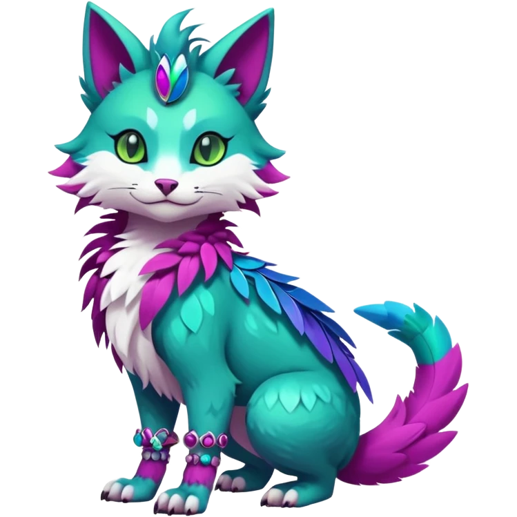 Kawaii cute colorful iridescent deep-dark-turquoise-green and magenta and white beautiful pretty elegant divine edgy feline-vernid-sergal-Fakémon-Pokémon-fursona-animal-creature with accessories, full body, with intricate detailed markings, feathers emoji