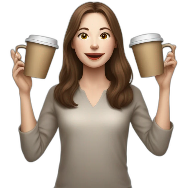woman juggler with long straight brown hair and pale skin juggling three coffee cups and two small laptops in the air emoji