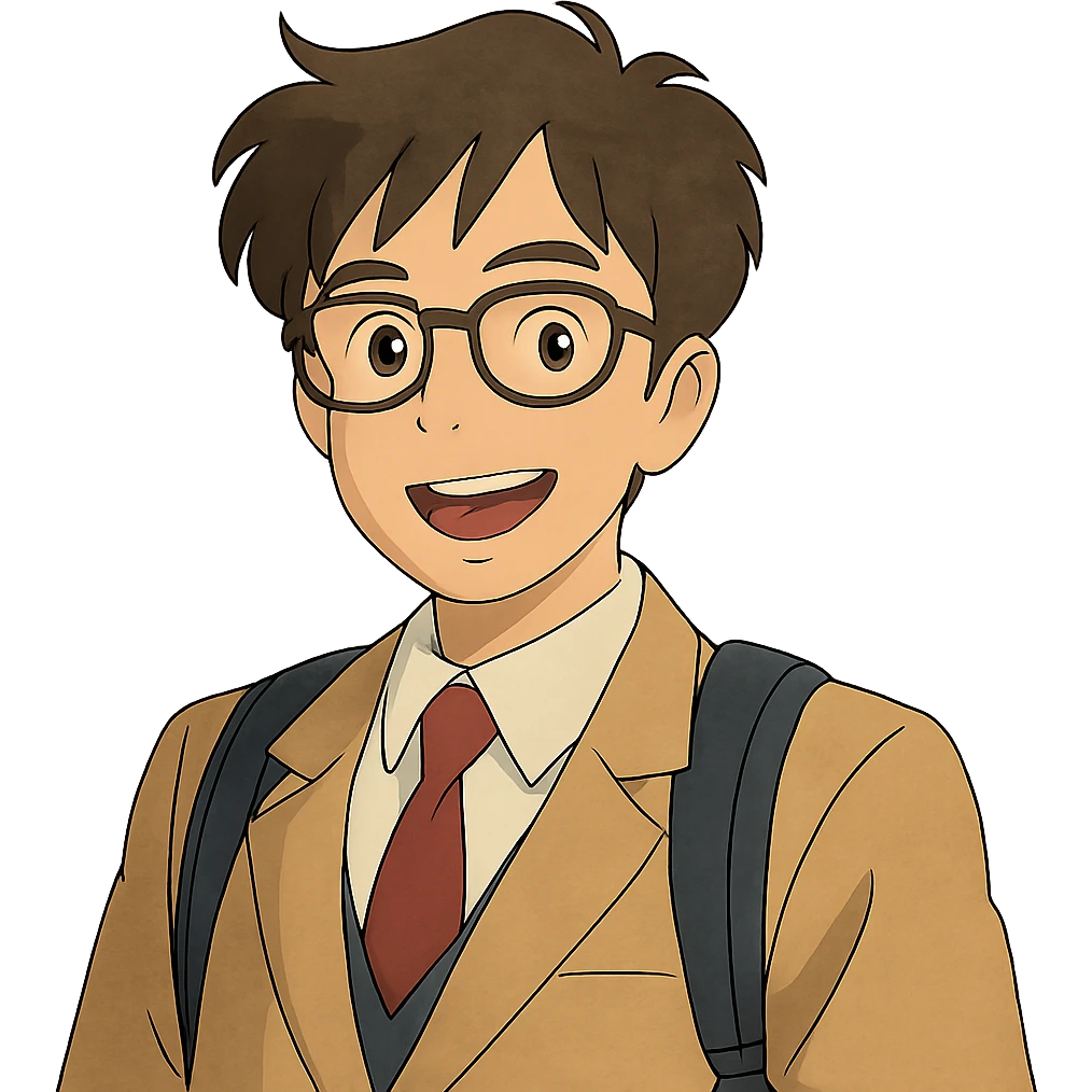universitario sonriente con gafas, estilo ghibli emoji
