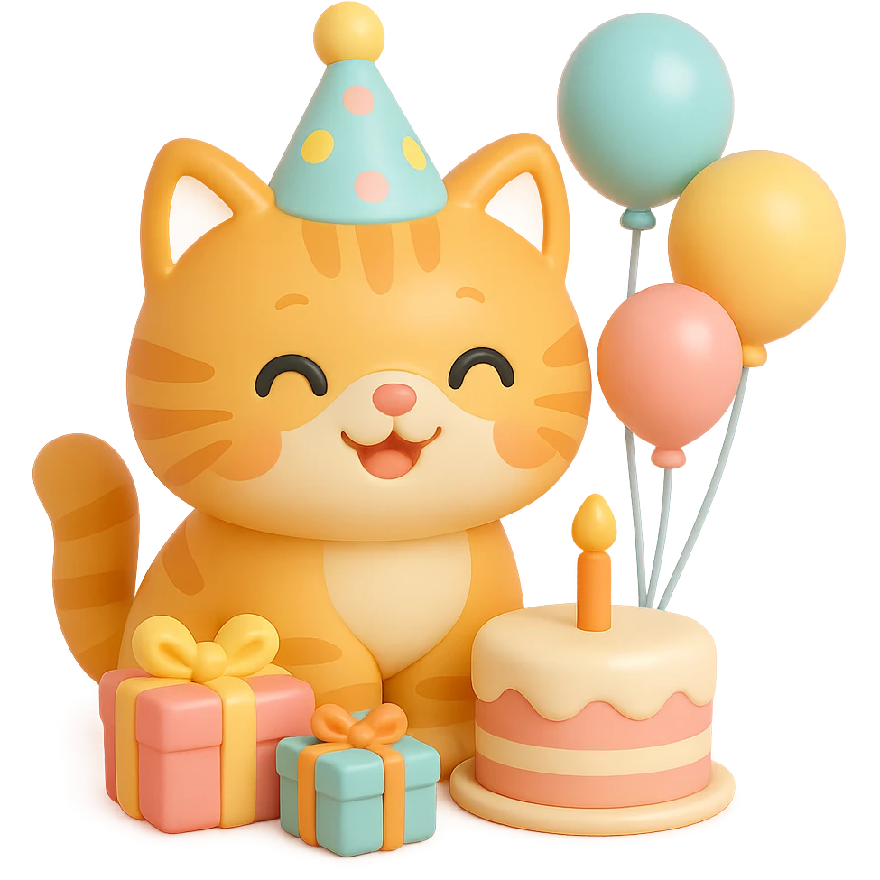 ginger tabby kitten celebrating birthday, wearing a birthday hat, with birthday cake, balloons, happy expression, and gifts emoji