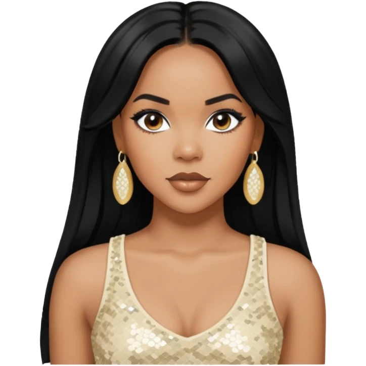 LeToya Luckett with long black hair, ivory sequin crop top, ivory earring emoji