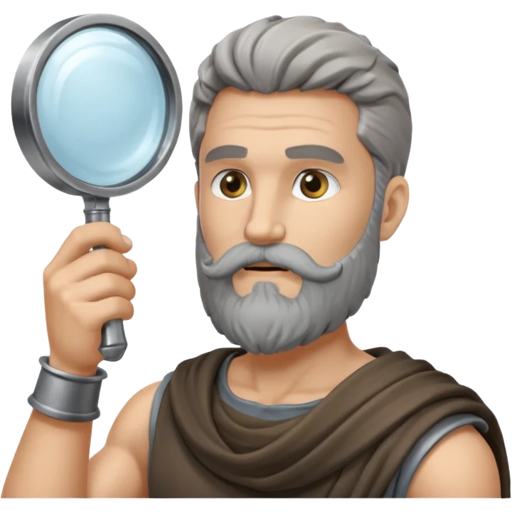 Dios griego con barba estilo estatua de color gris, de perfil mirando con una lupa de emoji