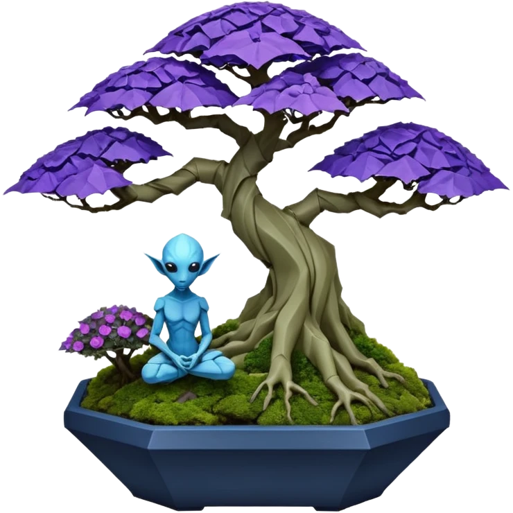 Futuristic wild glowing et alien moss maples Bonsai hair-fine-leaf group multi faceted intricate crystal boxwood Darth Vaderpurple and cream rose blue informal rocky cliffhanger eight trees forest planting in shallow origami slab style pot with big anthropomorphic feet  emoji