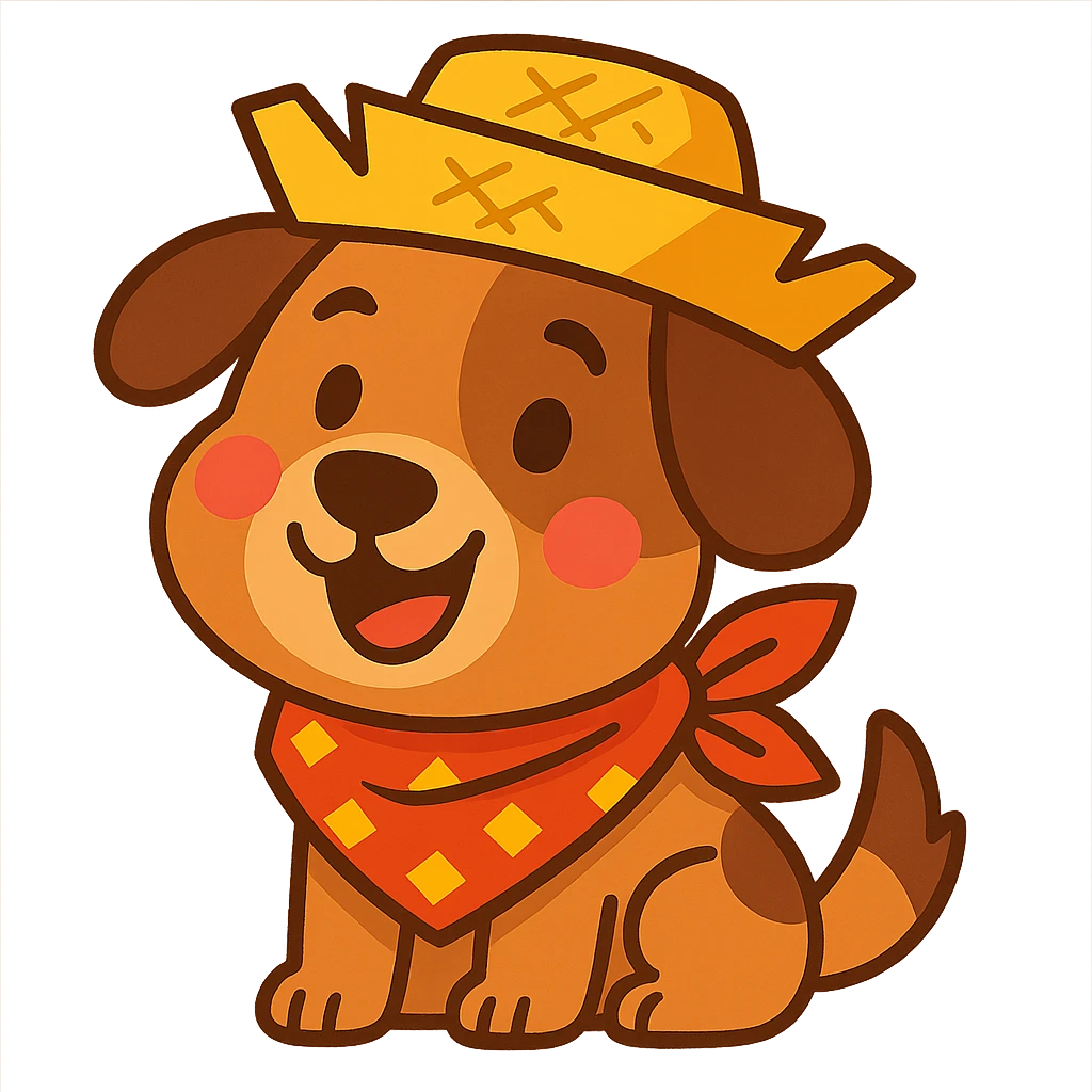 cute dog wearing straw hat and scarf, festa junina style, colorful, adorable emoji