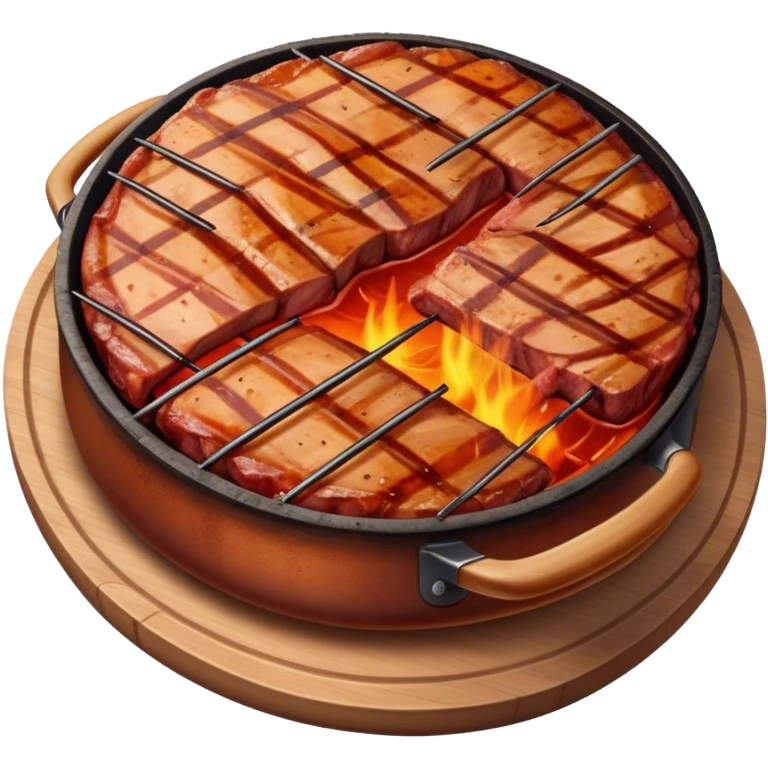 A cinematically realistic emoji with a barbecue dish, depicted as marinated meat, grilled to perfection, with a rich smoky texture and dynamic mouth-watering lighting. emoji