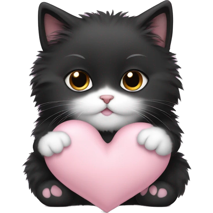 black fluffy fat kitten holding pale pink heart emoji