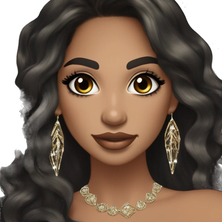 Glamorous, cocktail dress, black balayage hair, long wavy hair, olive skin, brown almond eyes, winged eyeliner with big lashes, wearing hooped earrings, rings and bracelets  emoji