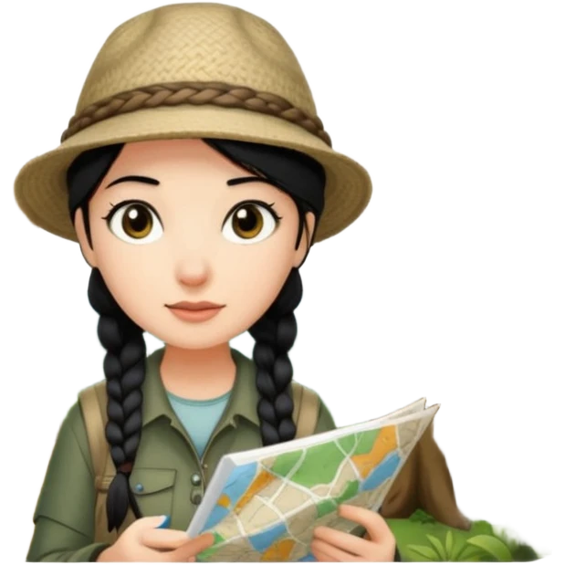 A braid black hair backpacking woman checking her map with curious eyes while wandering in the woods with camping hat emoji