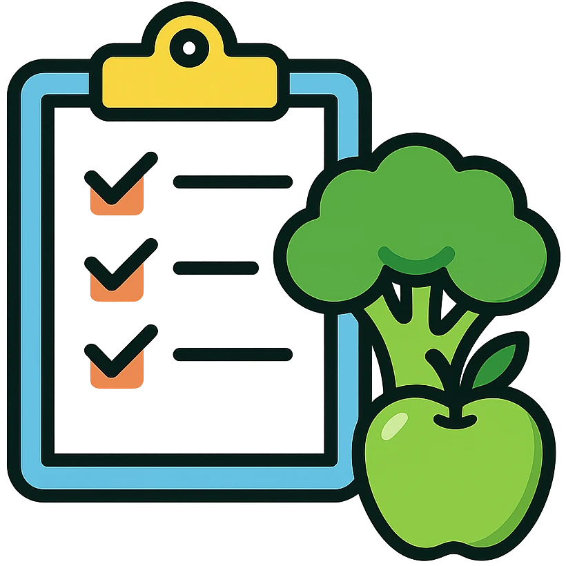 Vector-style illustration of a healthy diet checklist: an open notepad with checkmarks, placed beside fresh broccoli and a green apple. Clean, crisp lines, modern flat design with realistic soft shadows and highlights. High contrast, vibrant colors, minimalistic background. Professional, polished style, ideal for health or nutrition app or article illustration. emoji