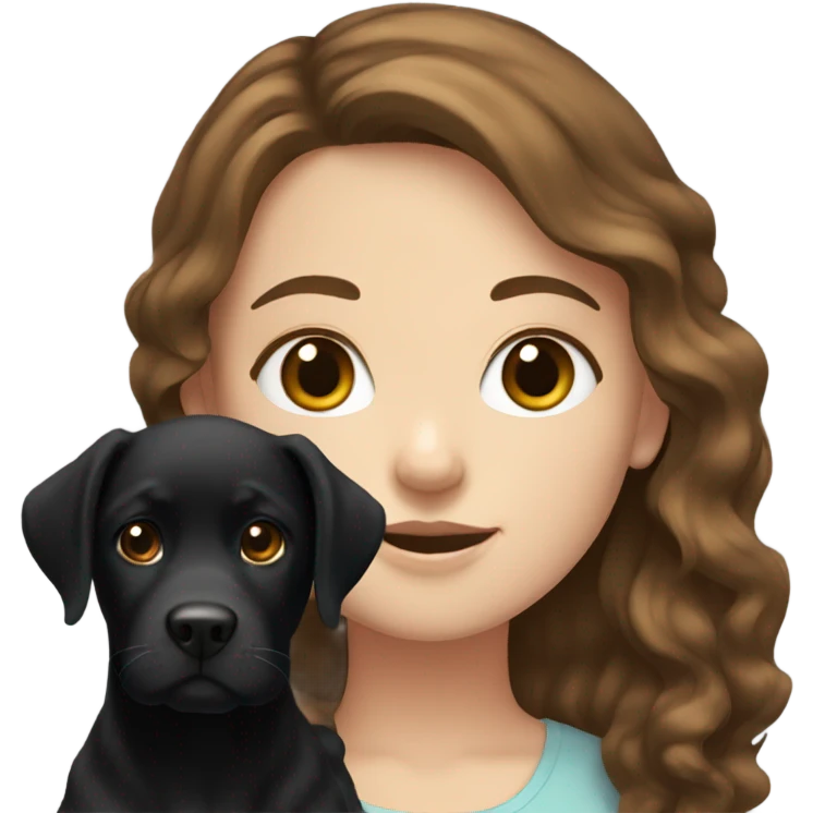 White girl with wavy brown hair holding a black Labrador emoji