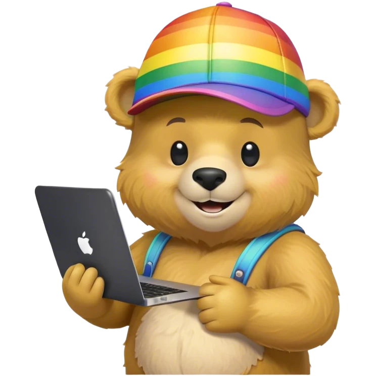 Smiley Bear wearing a cap with a rainbow in it, and holding a black MacBook in his left hand and in the other hand texting on an iPhone 16 Pro Max emoji