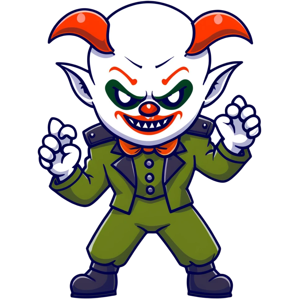 evil clown warrior, bald, short horns on forehead, fangs, pointed ears, black and military green leisure suit, battle-ready fighting posture emoji