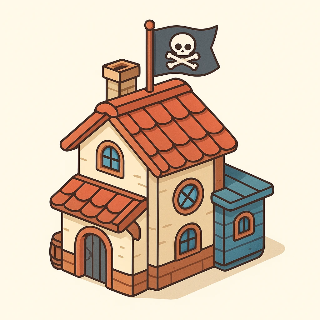 old pirate's house with skull flag emoji