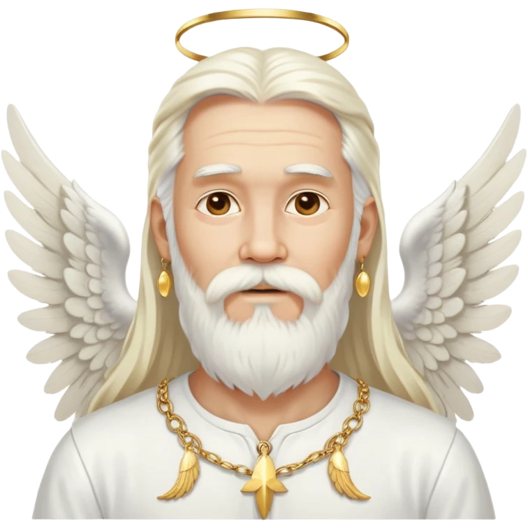 God, man with long white hair, beard and white mustache, white angel wings on his back, gold earrings hanging from ears emoji