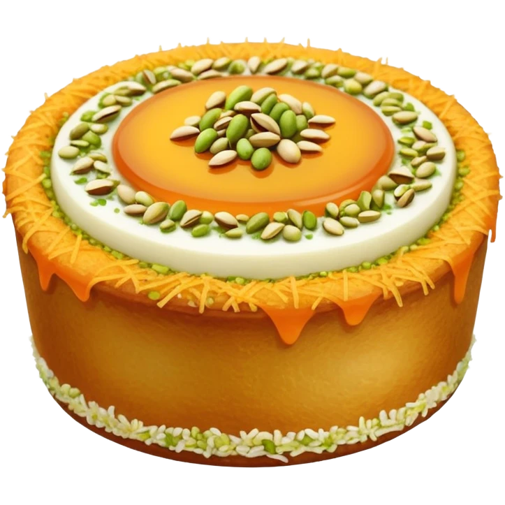 A small round emoji of traditional kanafeh with golden-orange crispy threads, a gooey white cheese center, and a light sprinkle of green pistachios. Warm and delicious-looking. emoji