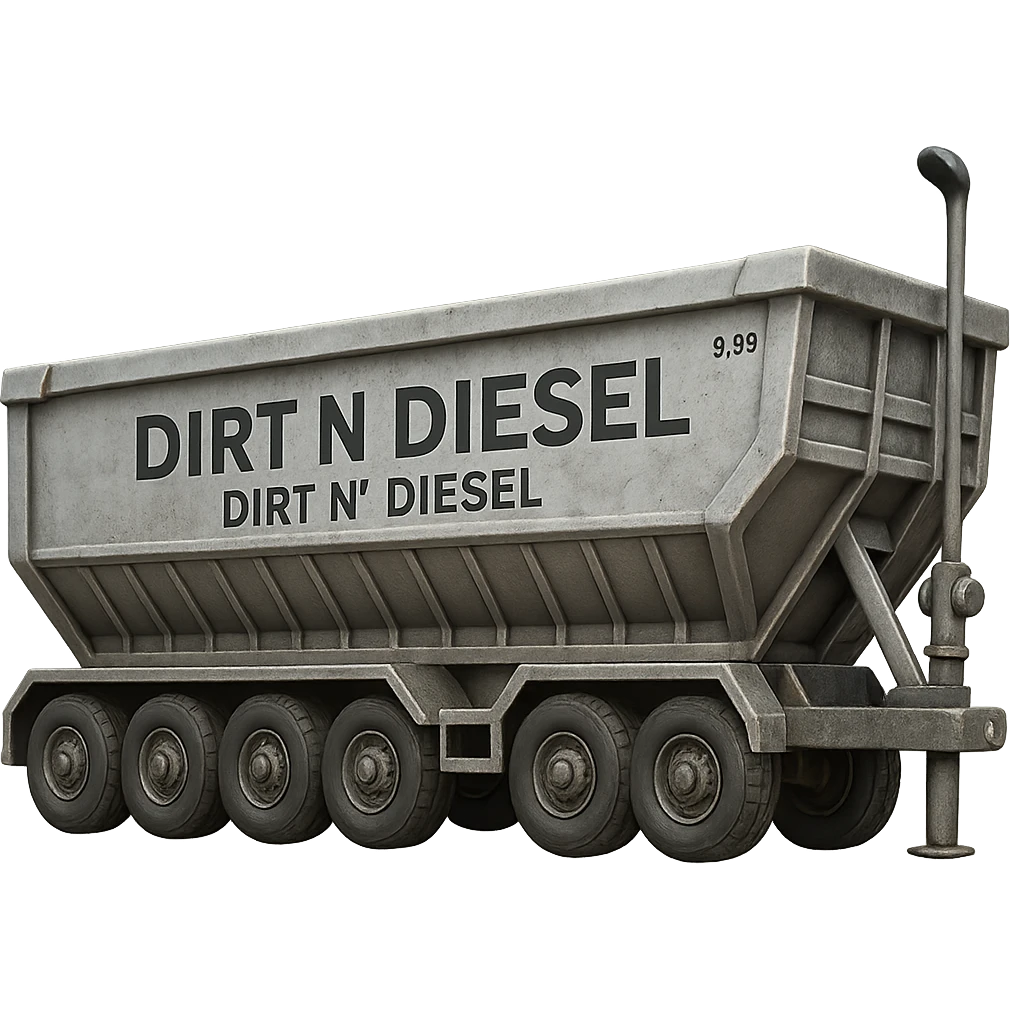 Make the dump end trailer longer and silver, keep the words 'Dirt n Diesel' visible, preserve the emoji style look, no background. emoji