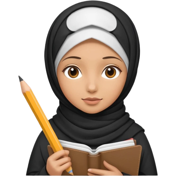 a girl wearing a hijab, holding a pencil and sketchbook, looking creative, Apple emoji style emoji