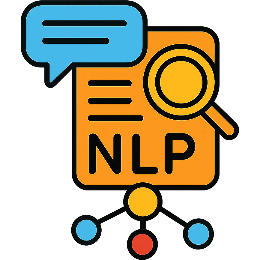 NLP icon with text analysis, language processing, and machine learning elements emoji