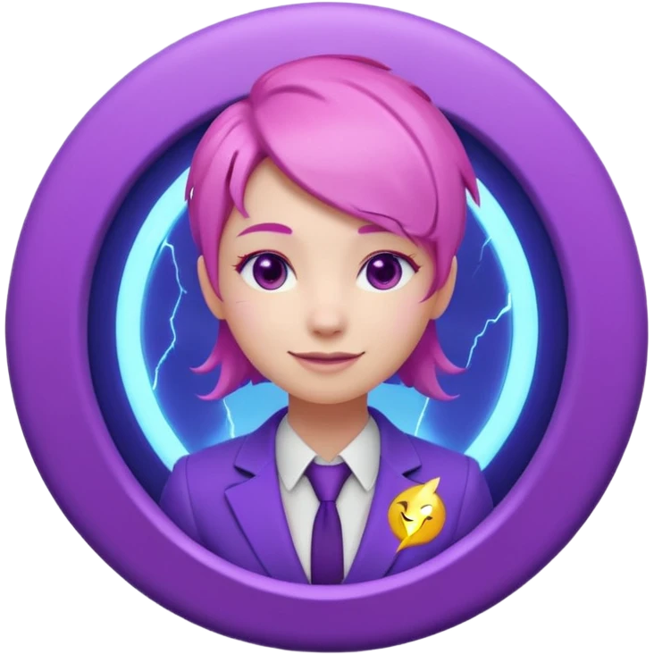Cute 3D emoji-style girl sexy character with pink hair and purple eyes, inside a circular badge. No hands, no pose. Clean purple suit with a glowing neon-blue ‘C’ logo on the chest, small lightning accent. Smooth Apple-style lighting, friendly expression emoji