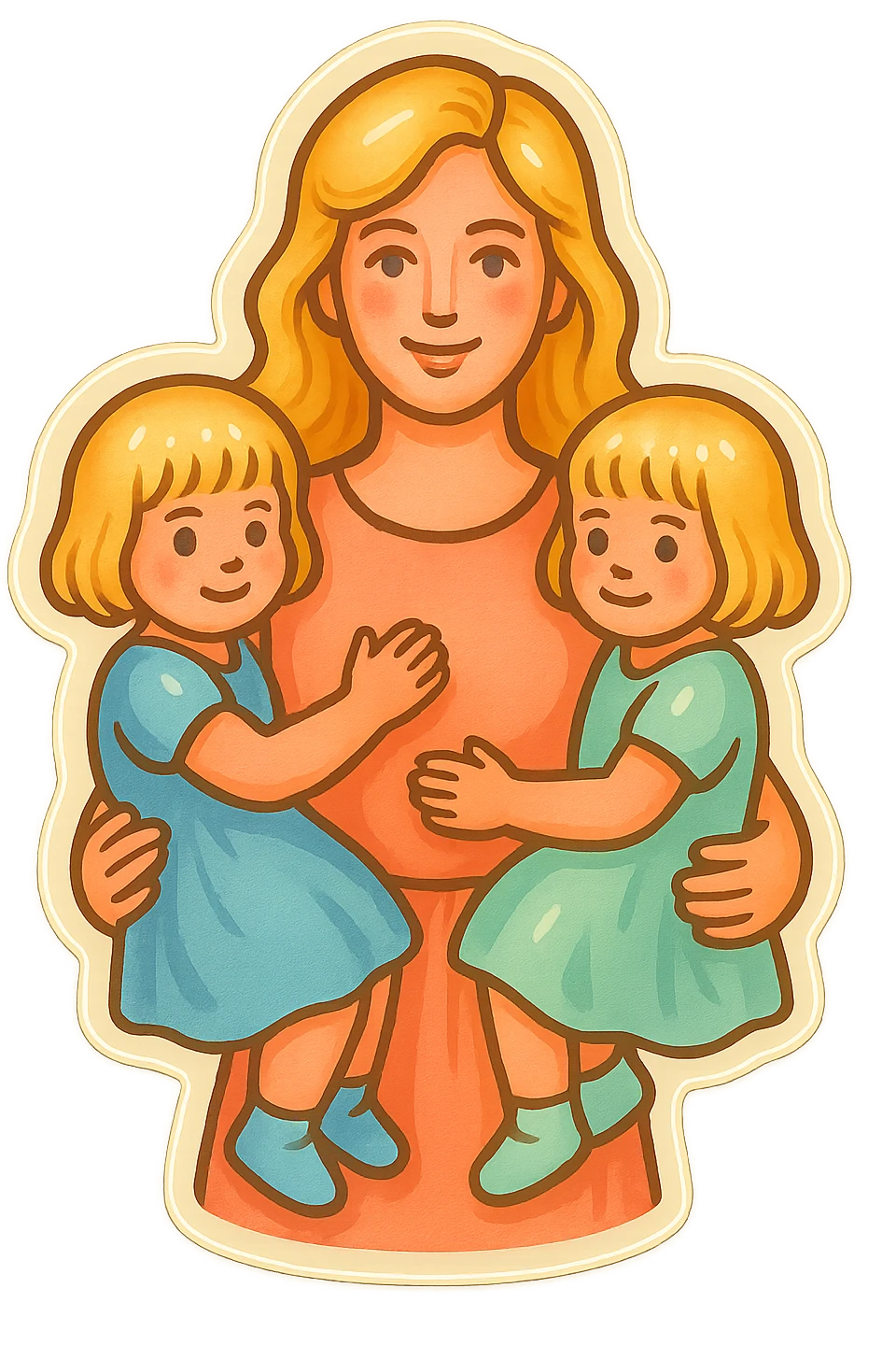 mom with long light hair and two twin girls with short light hair on arms, pastel dresses, gentle colors, retro stickers style, soft light, different compositions emoji
