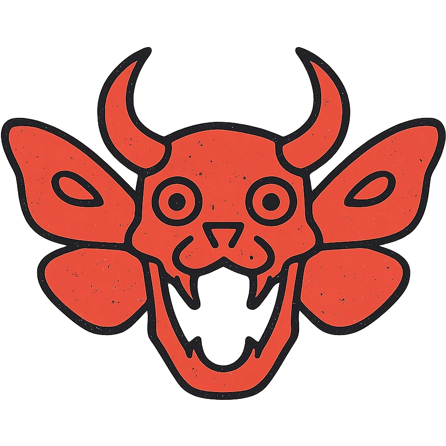 a minimalist red line art icon showing only a horrifying head (no body) that fuses minotaur skull with horns, stoat facial elements, and frog eyes/mouth, with moth wings growing directly from the head/skull, transparent hollow middle, deliberately weathered with smudged edges, torn lines, and missing sections emoji