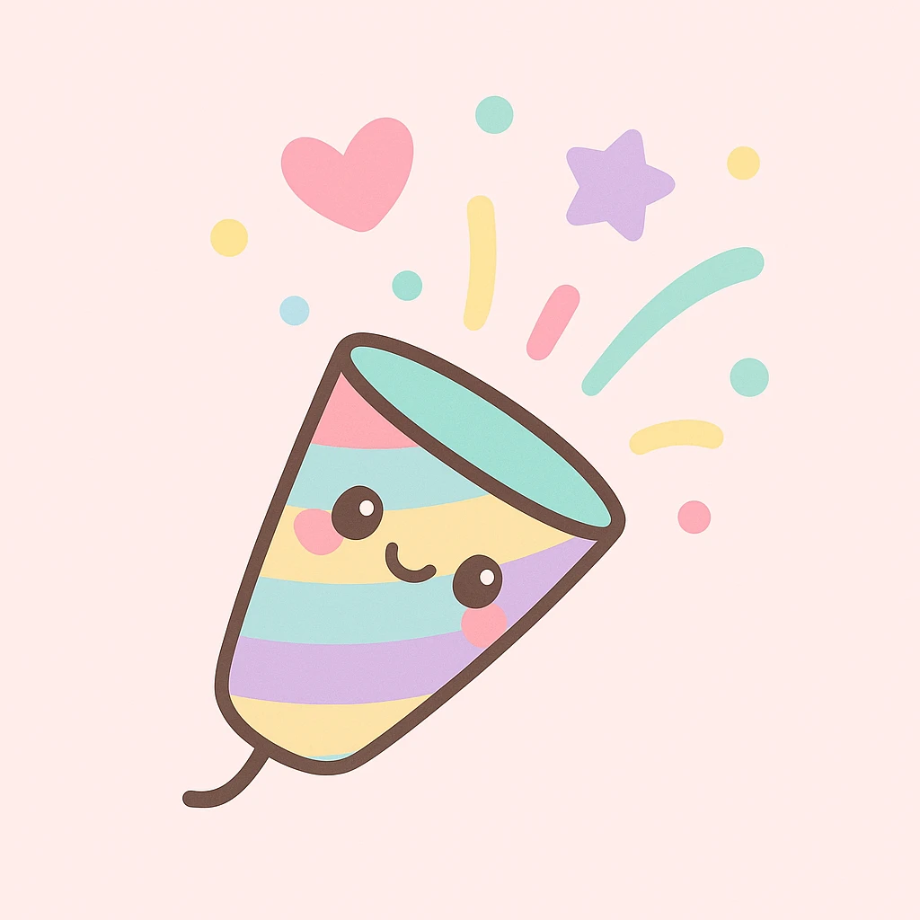 cute colorful party popper, cheerful, confetti bursting out, bright colors, simple background emoji